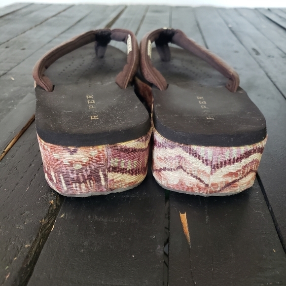 Roper Flip Flops Sandals Brown Western Wedge Burgundy Cream Chevron Women's 10 - Picture 6 of 9